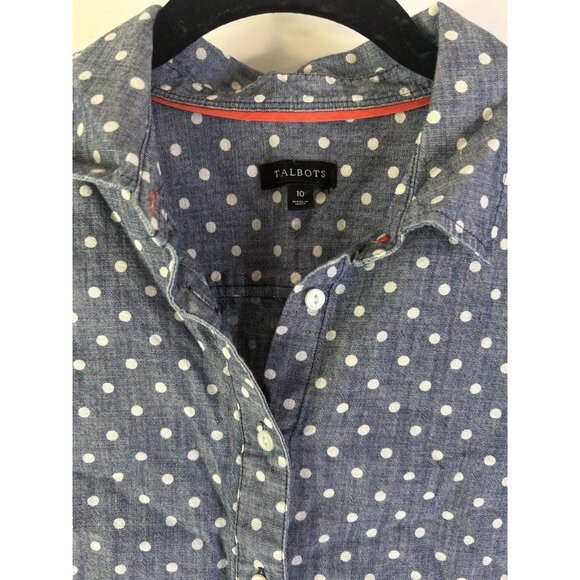 Talbots Chambray Denim Polka Dot Roll Sleeve Button Front Shirt - Picture 5 of 8